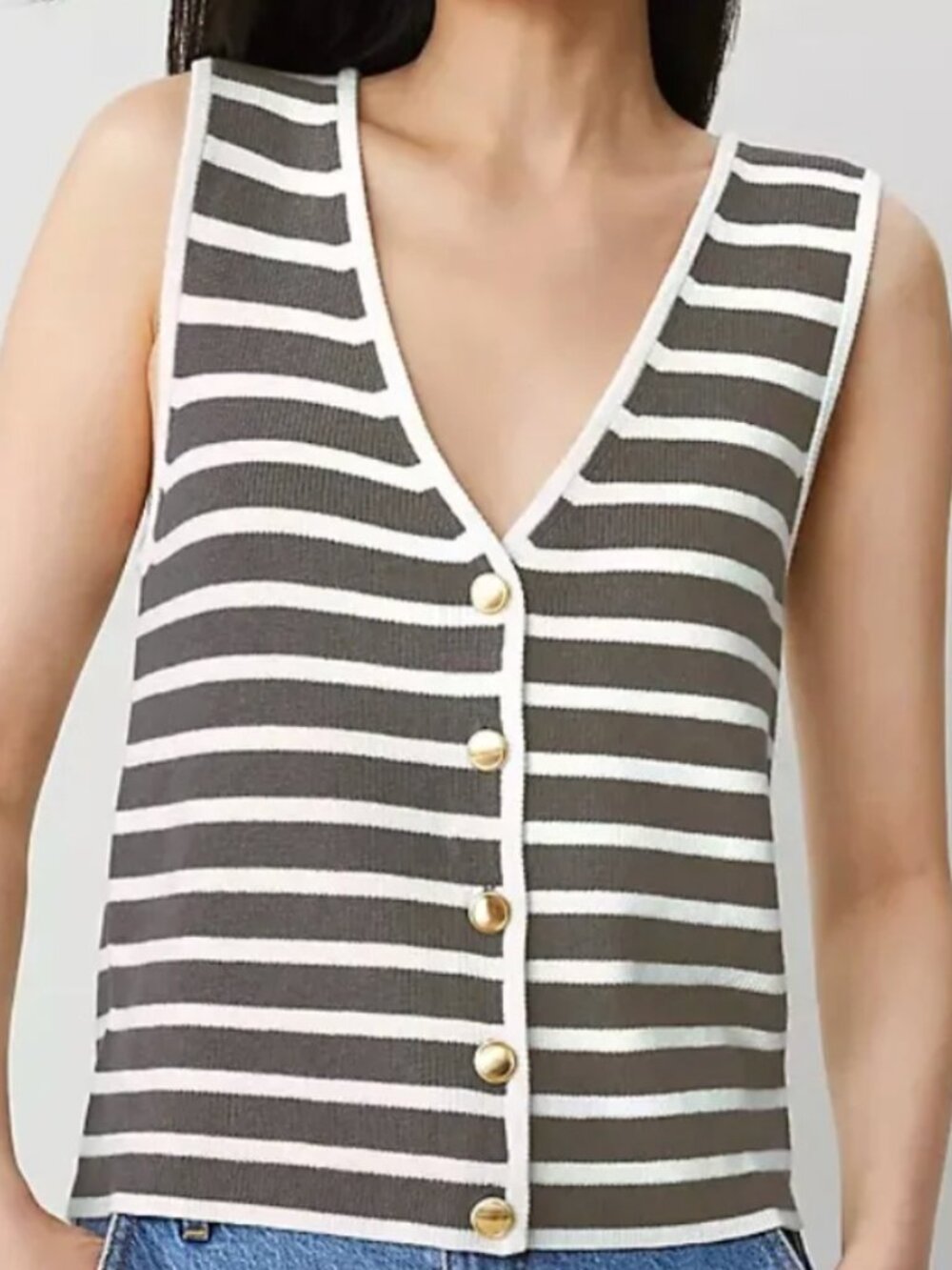Ann Taylor Striped Ribbed Sweater Button Front Vest Green White, Size S NWOT